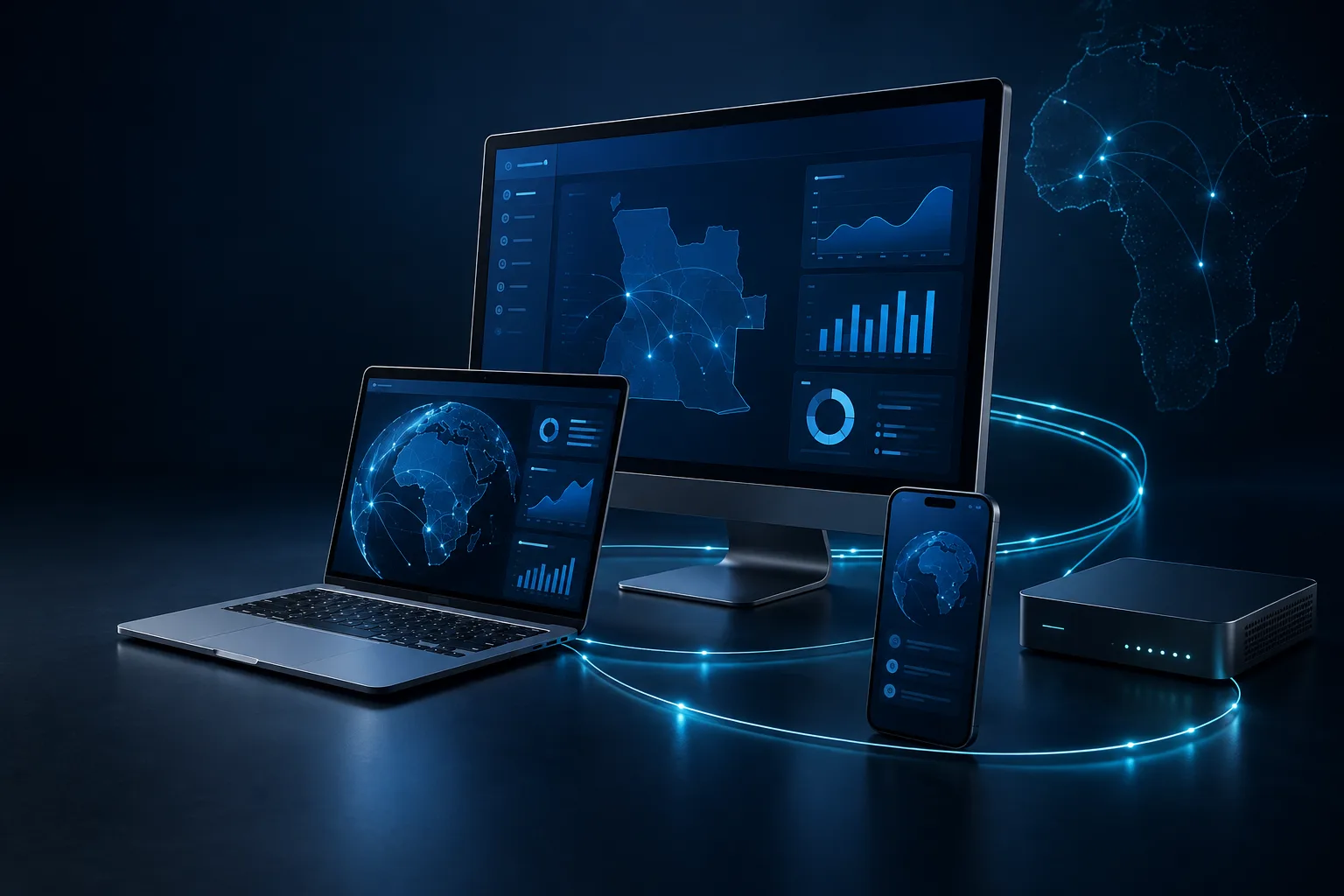 Ecossistema tecnológico com computador, portátil e smartphone